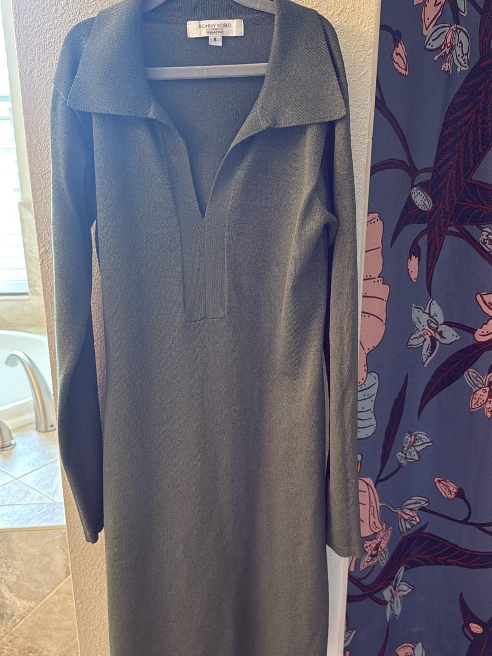 Ronny Kobo Collection Olive Long Sleeve V-Placket Collar Dress